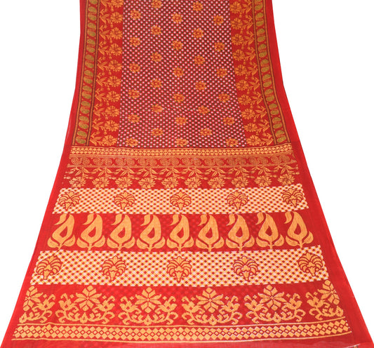 Sushila Vintage Red Saree Pure Cotton Printed Checks & Floral Soft Craft Fabric