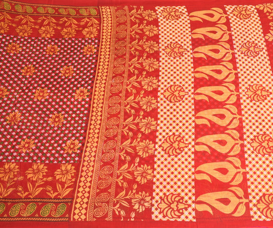 Sushila Vintage Red Saree Pure Cotton Printed Checks & Floral Soft Craft Fabric