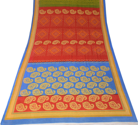 Sushila Vintage Red & Green Saree Indian Pure Cotton Printed Soft Craft Fabric