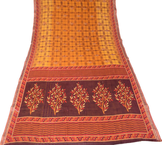 Sushila Vintage Yellow Checks Saree 100% Pure Cotton Printed Soft Craft Fabric