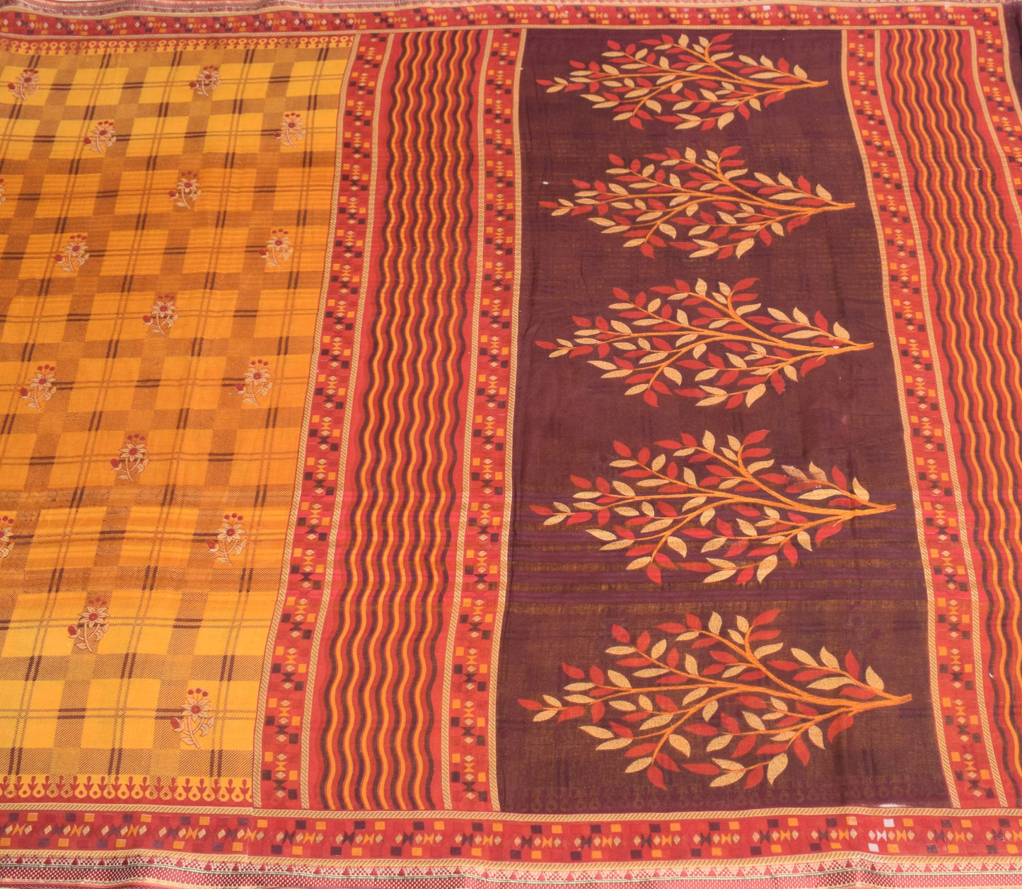 Sushila Vintage Yellow Checks Saree 100% Pure Cotton Printed Soft Craft Fabric