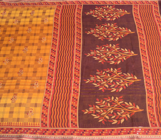 Sushila Vintage Yellow Checks Saree 100% Pure Cotton Printed Soft Craft Fabric