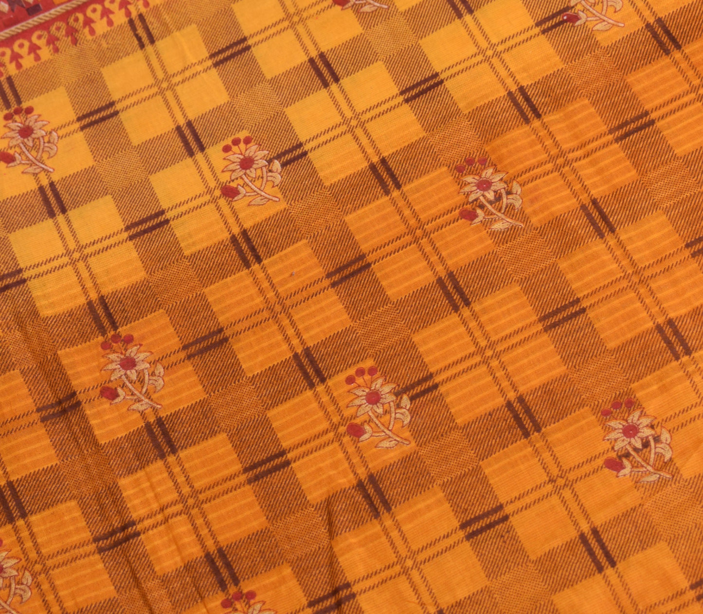 Sushila Vintage Yellow Checks Saree 100% Pure Cotton Printed Soft Craft Fabric