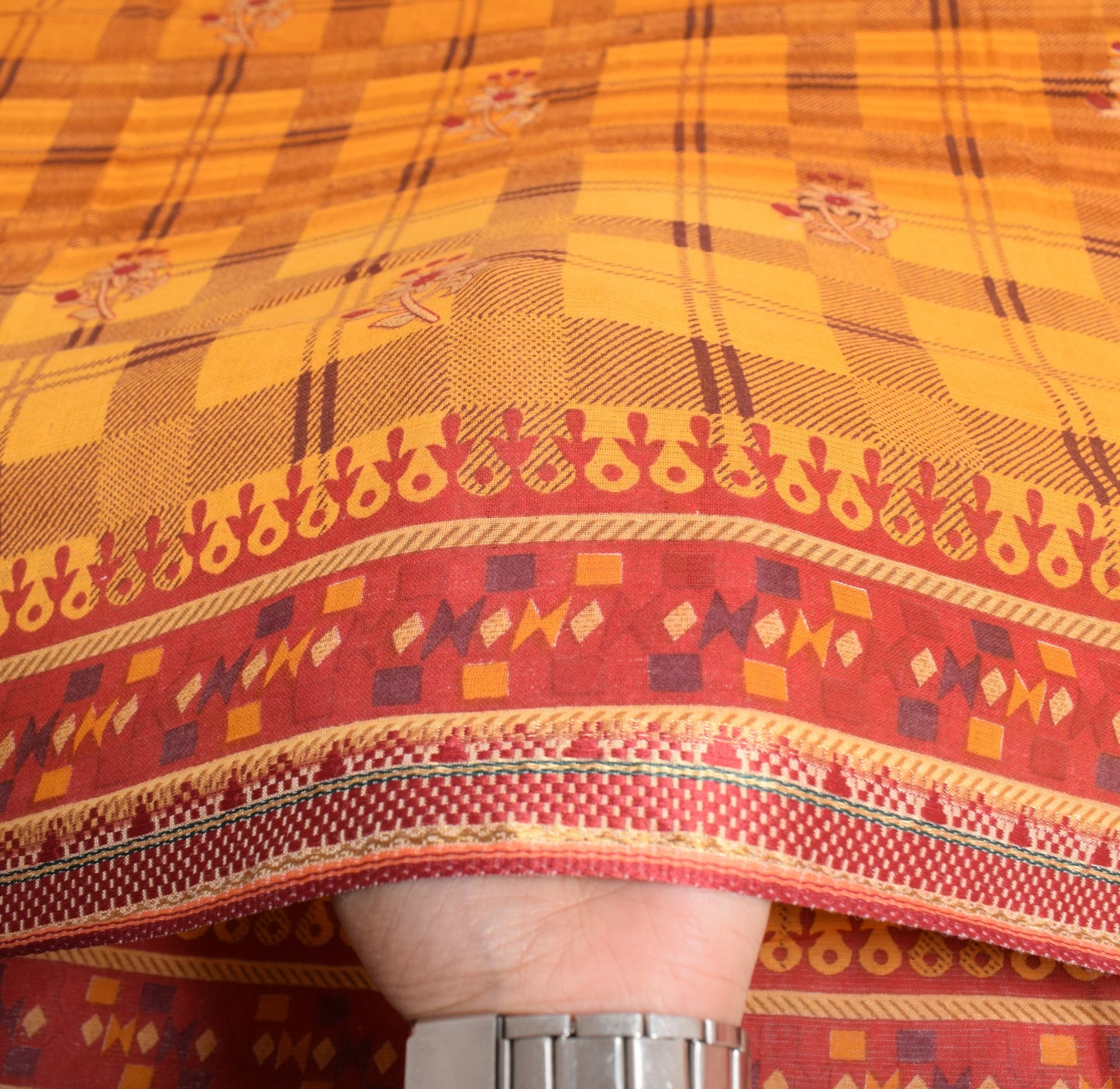 Sushila Vintage Yellow Checks Saree 100% Pure Cotton Printed Soft Craft Fabric