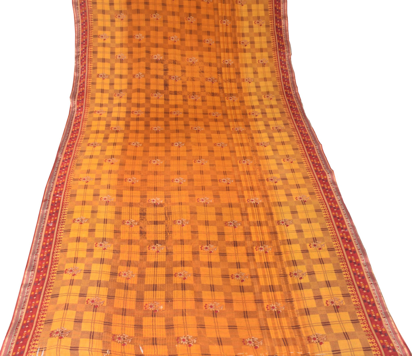 Sushila Vintage Yellow Checks Saree 100% Pure Cotton Printed Soft Craft Fabric