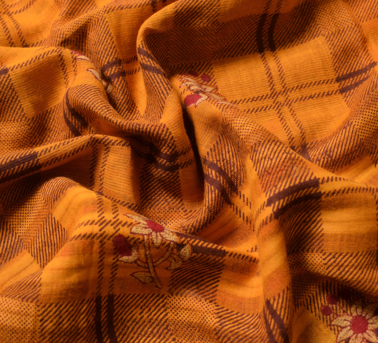 Sushila Vintage Yellow Checks Saree 100% Pure Cotton Printed Soft Craft Fabric