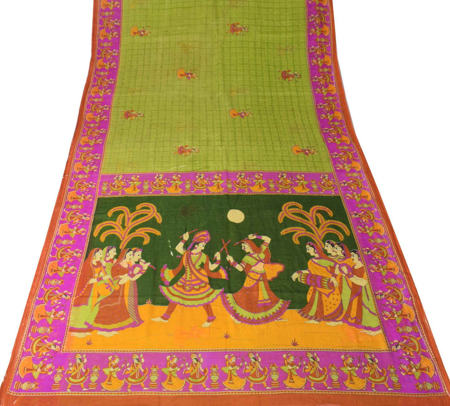 Sushila Vintage Green Scrap Saree Pure Cotton Figure Printed Sari Craft Fabric