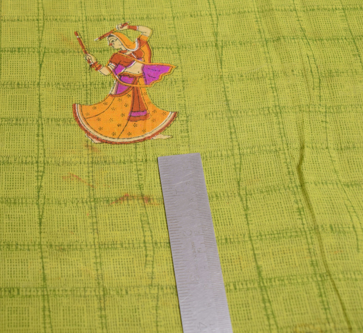 Sushila Vintage Green Scrap Saree Pure Cotton Figure Printed Sari Craft Fabric