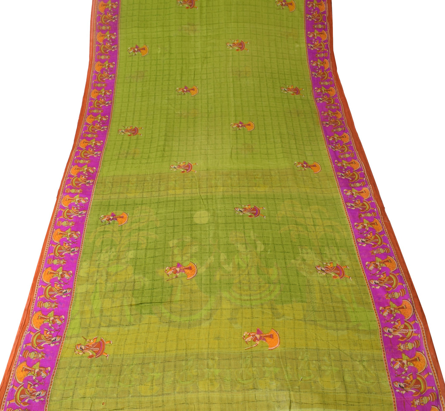Sushila Vintage Green Scrap Saree Pure Cotton Figure Printed Sari Craft Fabric
