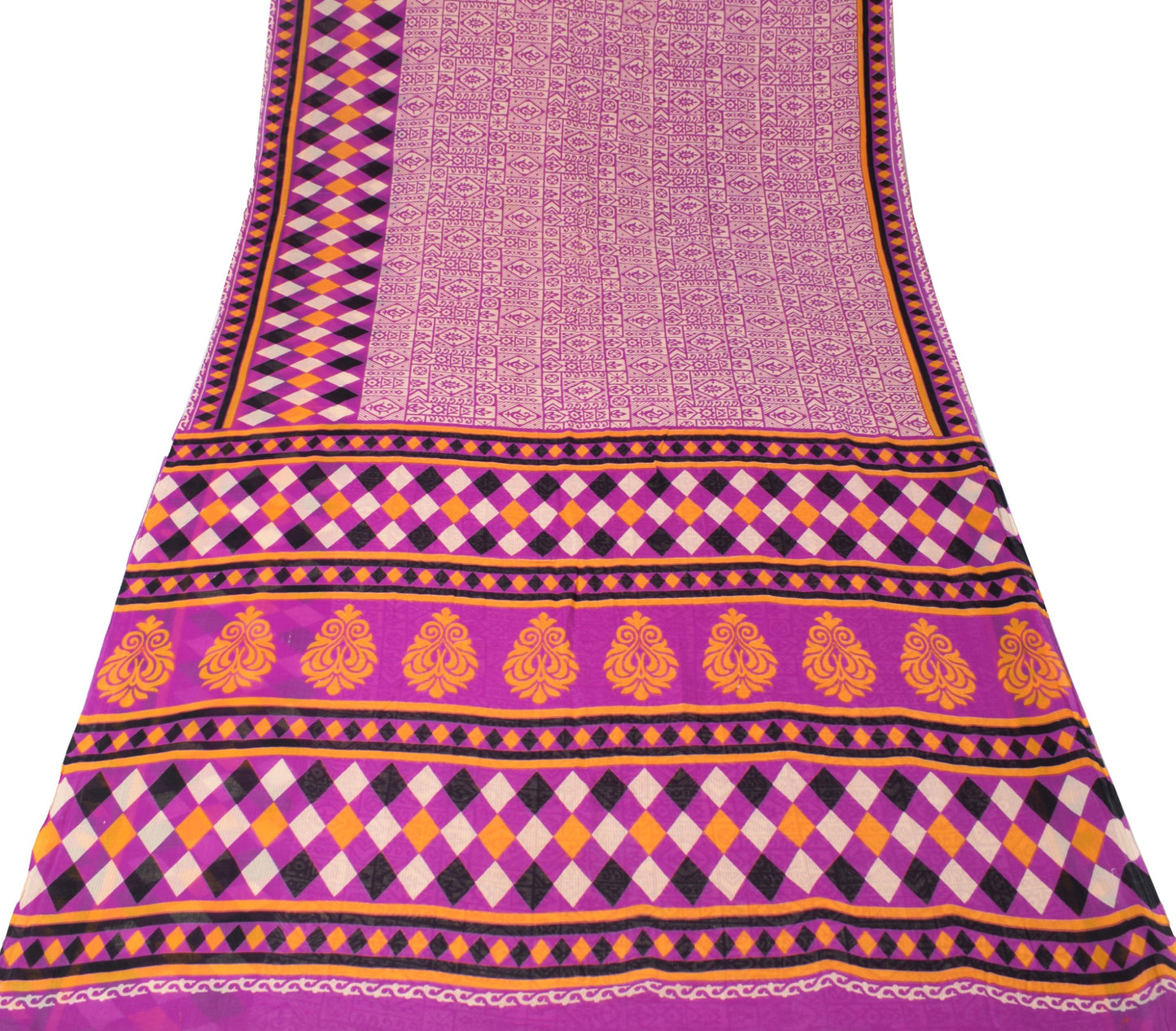 Sushila Vintage Cream & Purple Saree 100% Pure Cotton Printed Soft Craft Fabric