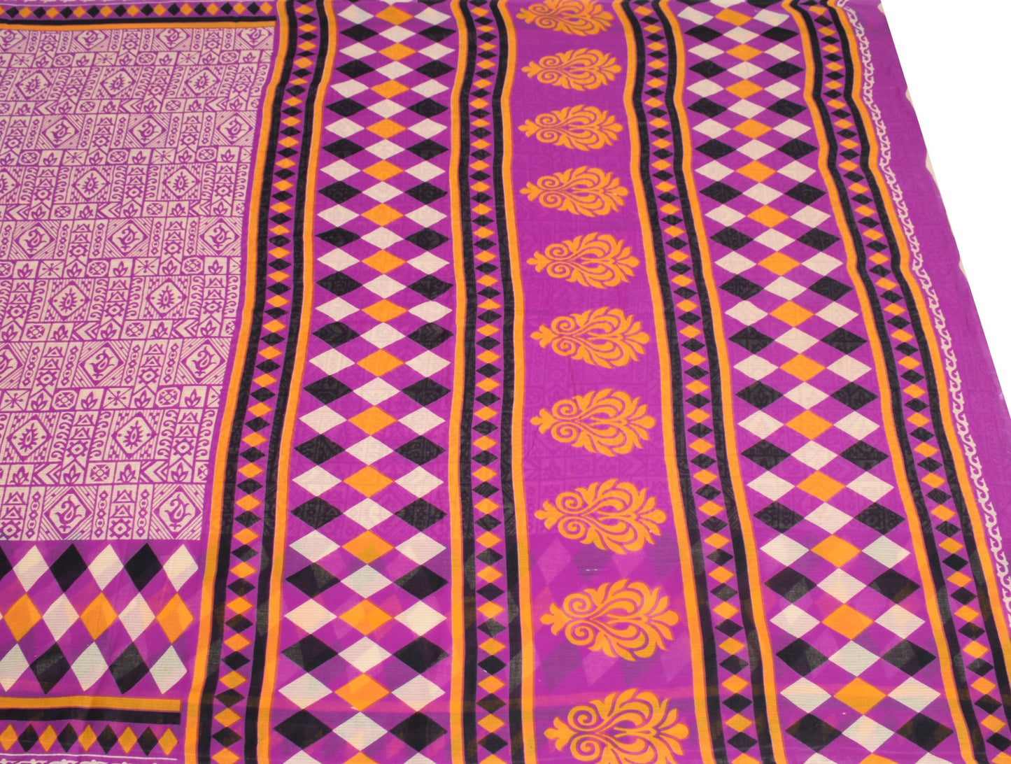 Sushila Vintage Cream & Purple Saree 100% Pure Cotton Printed Soft Craft Fabric