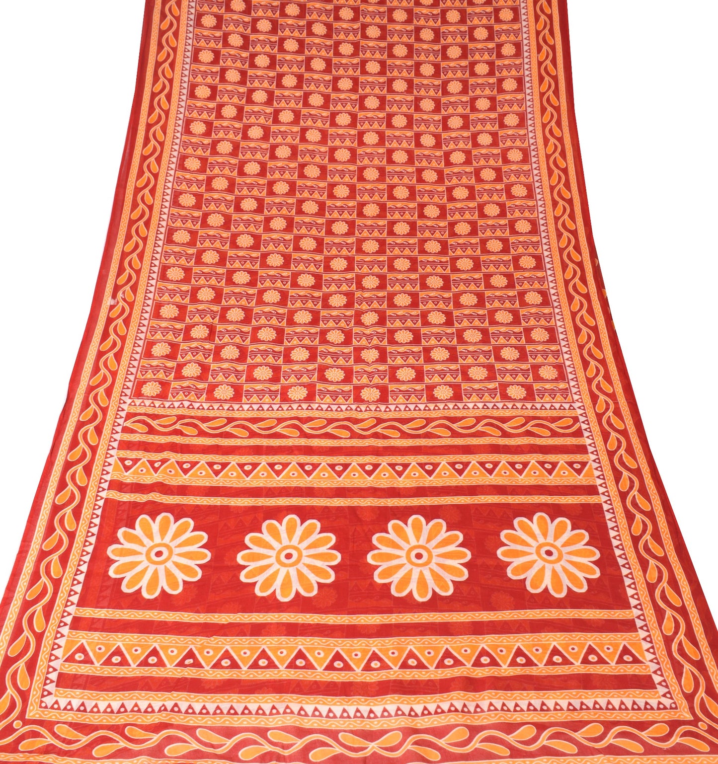 Sushila Vintage Red Orange Saree Pure Cotton Printed Floral Soft Craft Fabric