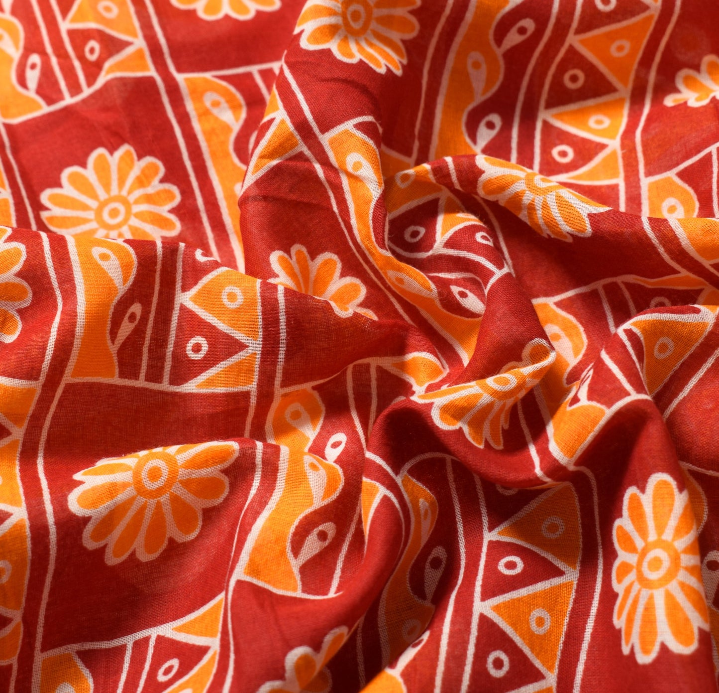 Sushila Vintage Red Orange Saree Pure Cotton Printed Floral Soft Craft Fabric