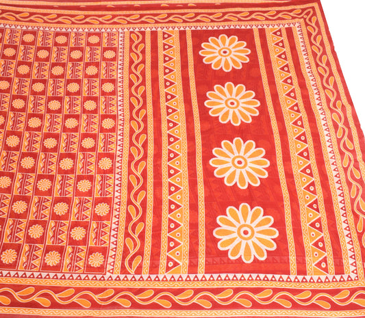 Sushila Vintage Red Orange Saree Pure Cotton Printed Floral Soft Craft Fabric