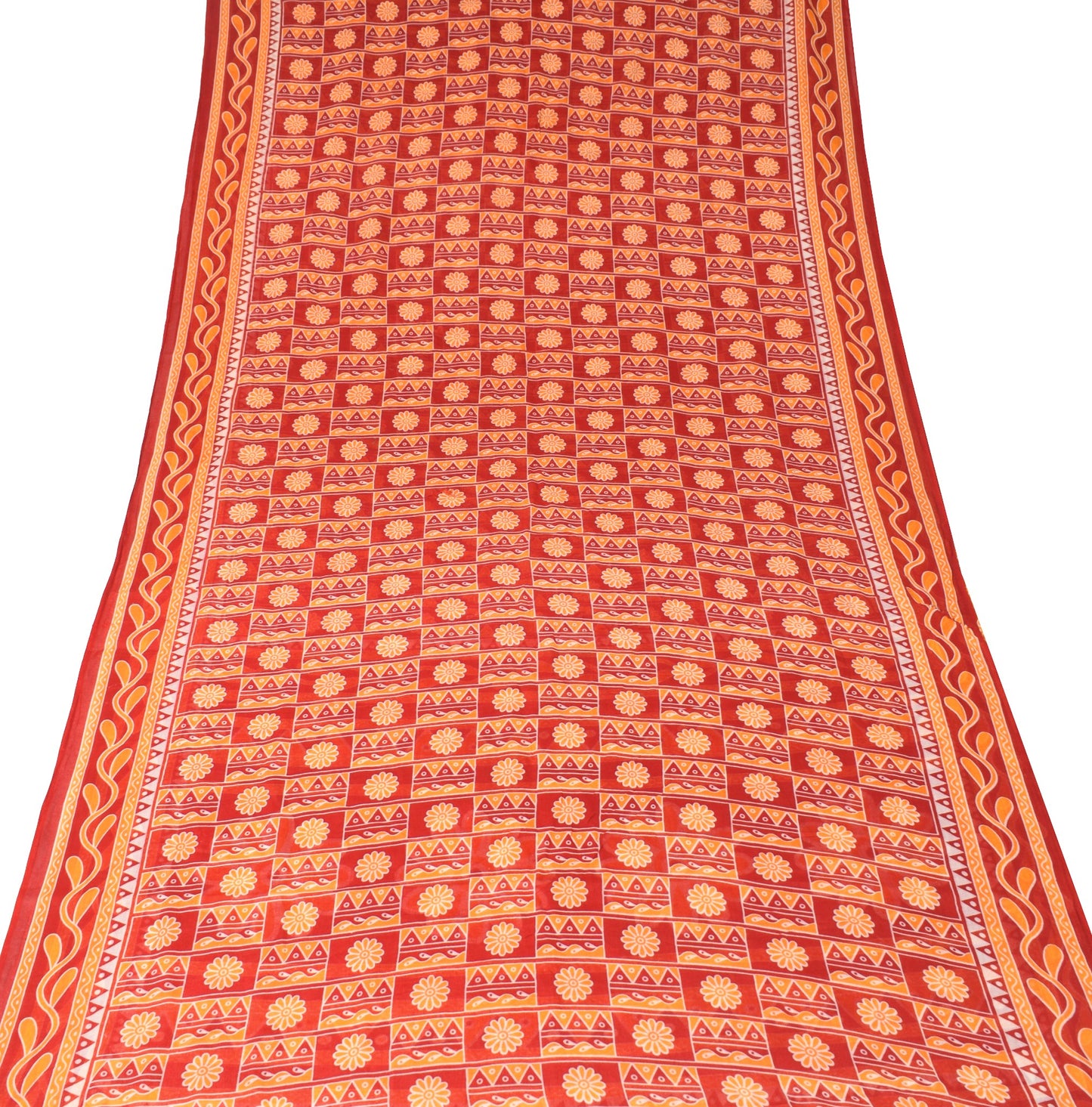 Sushila Vintage Red Orange Saree Pure Cotton Printed Floral Soft Craft Fabric