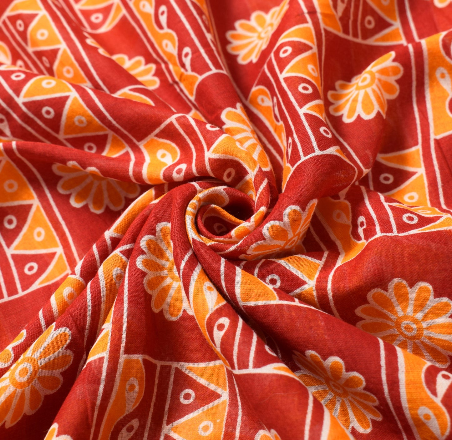 Sushila Vintage Red Orange Saree Pure Cotton Printed Floral Soft Craft Fabric