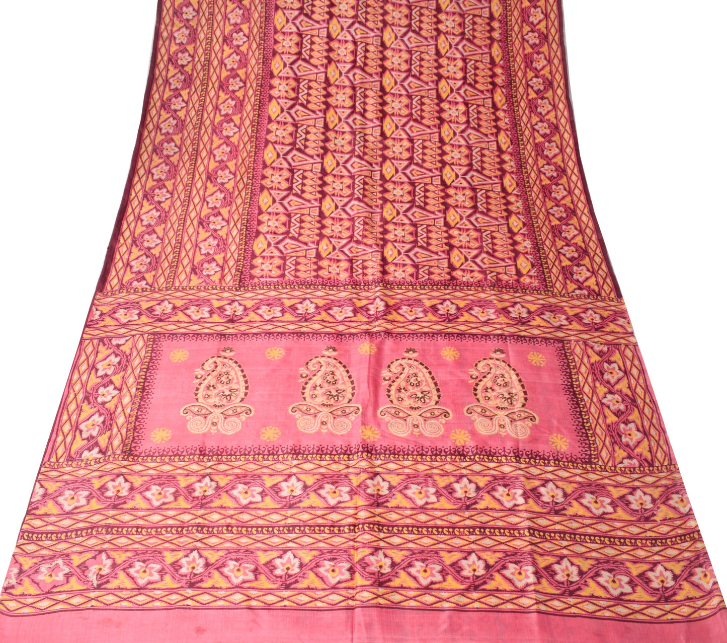 Sushila Vintage Pink Scrap Saree Pure Silk Printed Hand Block Sari Craft Fabric