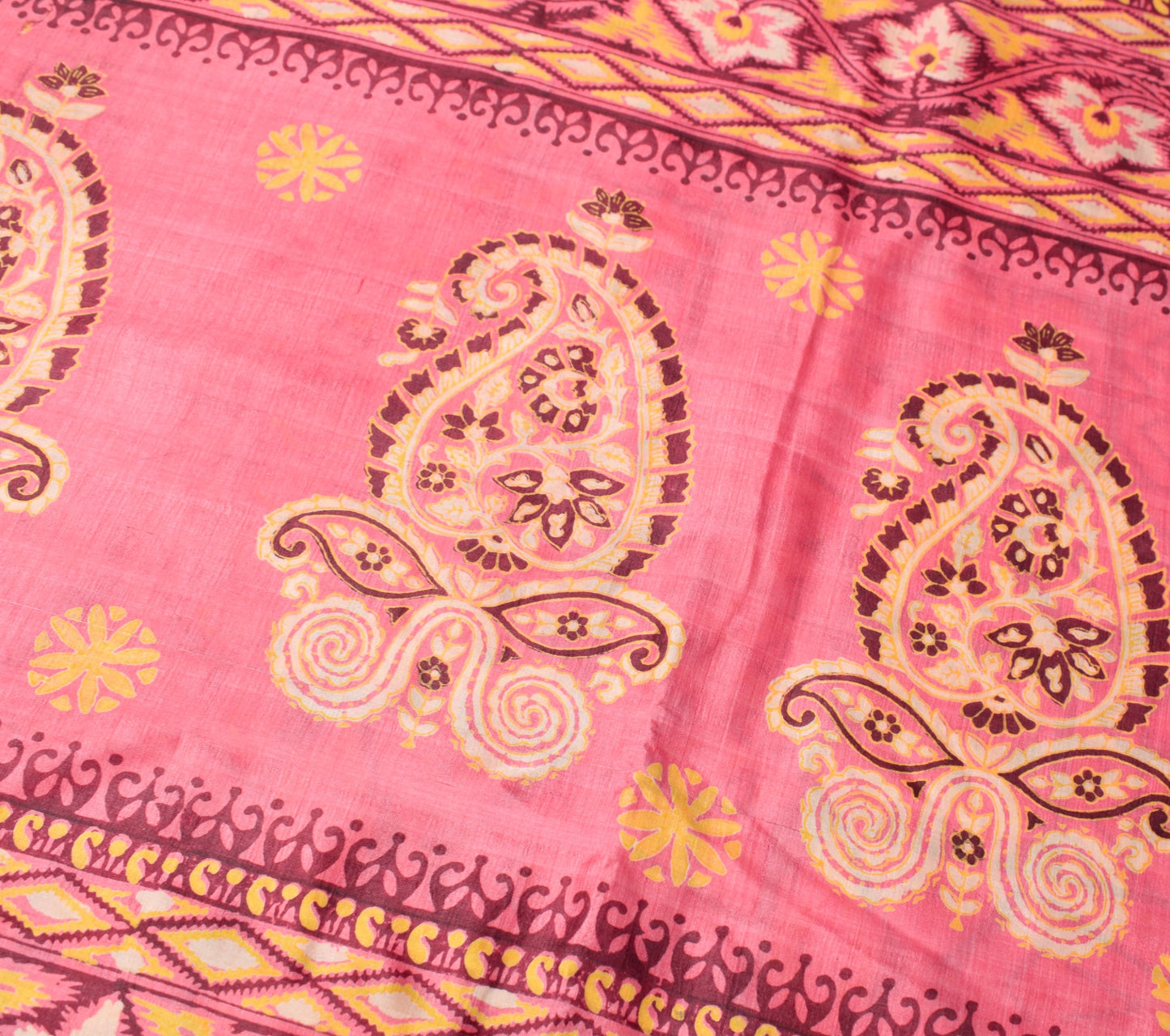Sushila Vintage Pink Scrap Saree Pure Silk Printed Hand Block Sari Craft Fabric