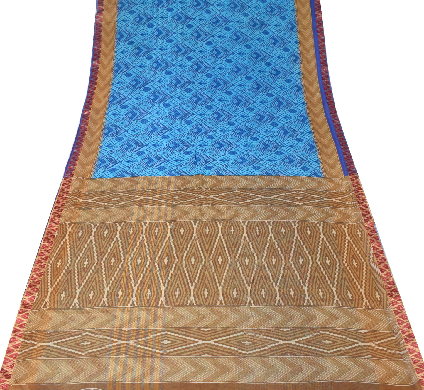 Sushila Vintage Aqua Blue Scrap Saree Pure Cotton Printed 5 Yd Sari Craft Fabric