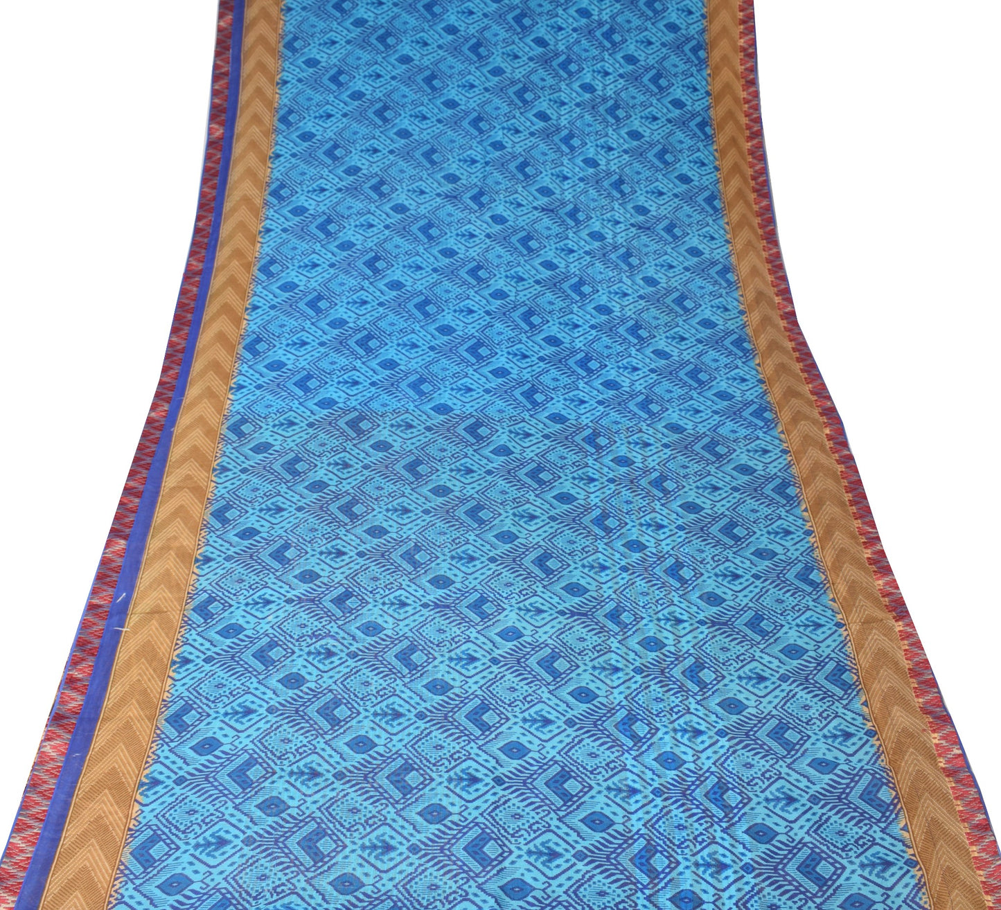 Sushila Vintage Aqua Blue Scrap Saree Pure Cotton Printed 5 Yd Sari Craft Fabric