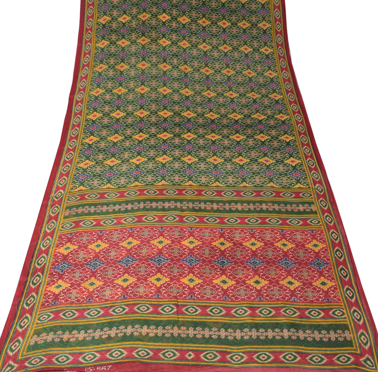 Sushila Vintage Green Saree 100% Pure Cotton Printed Geometrical Craft Fabric