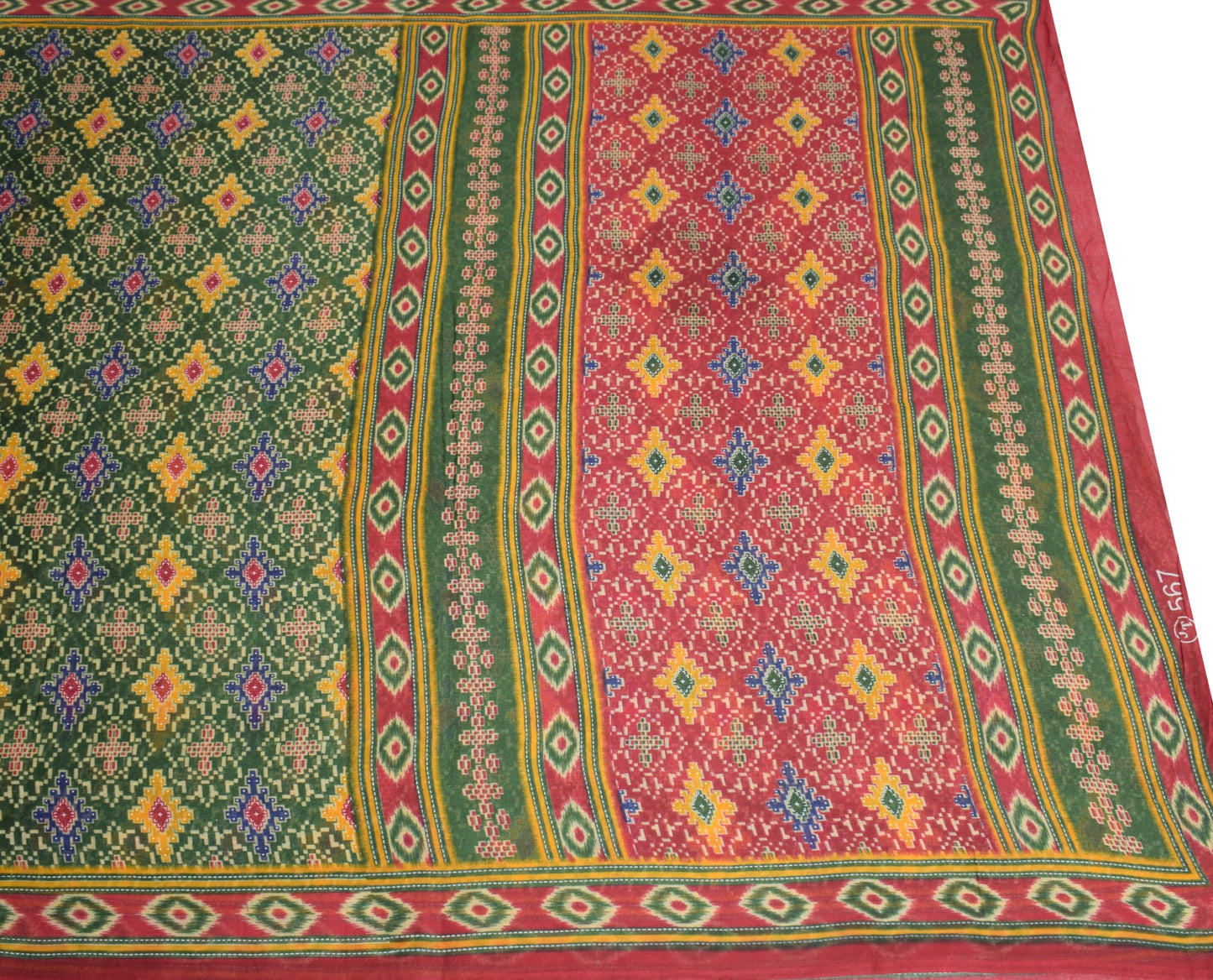 Sushila Vintage Green Saree 100% Pure Cotton Printed Geometrical Craft Fabric