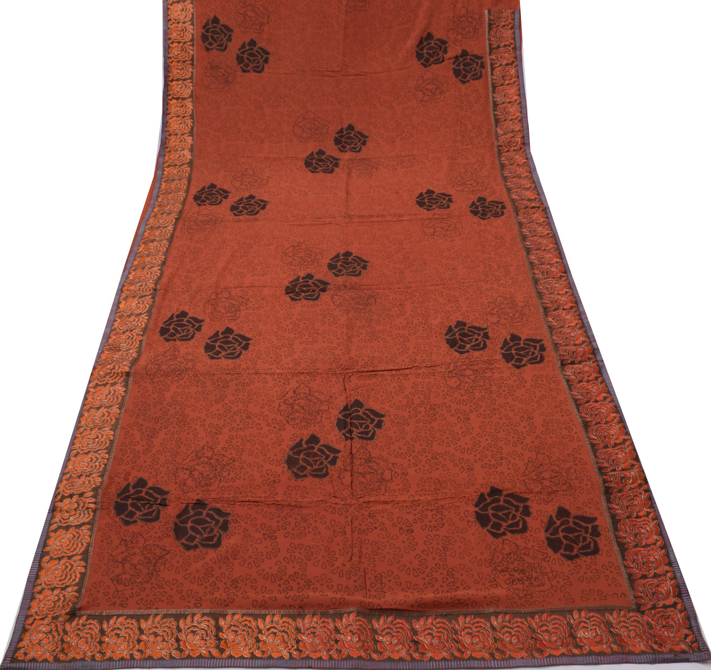 Sushila Vintage Rust Sari 100% Pure Georgette Silk Printed Embroidered Fabric