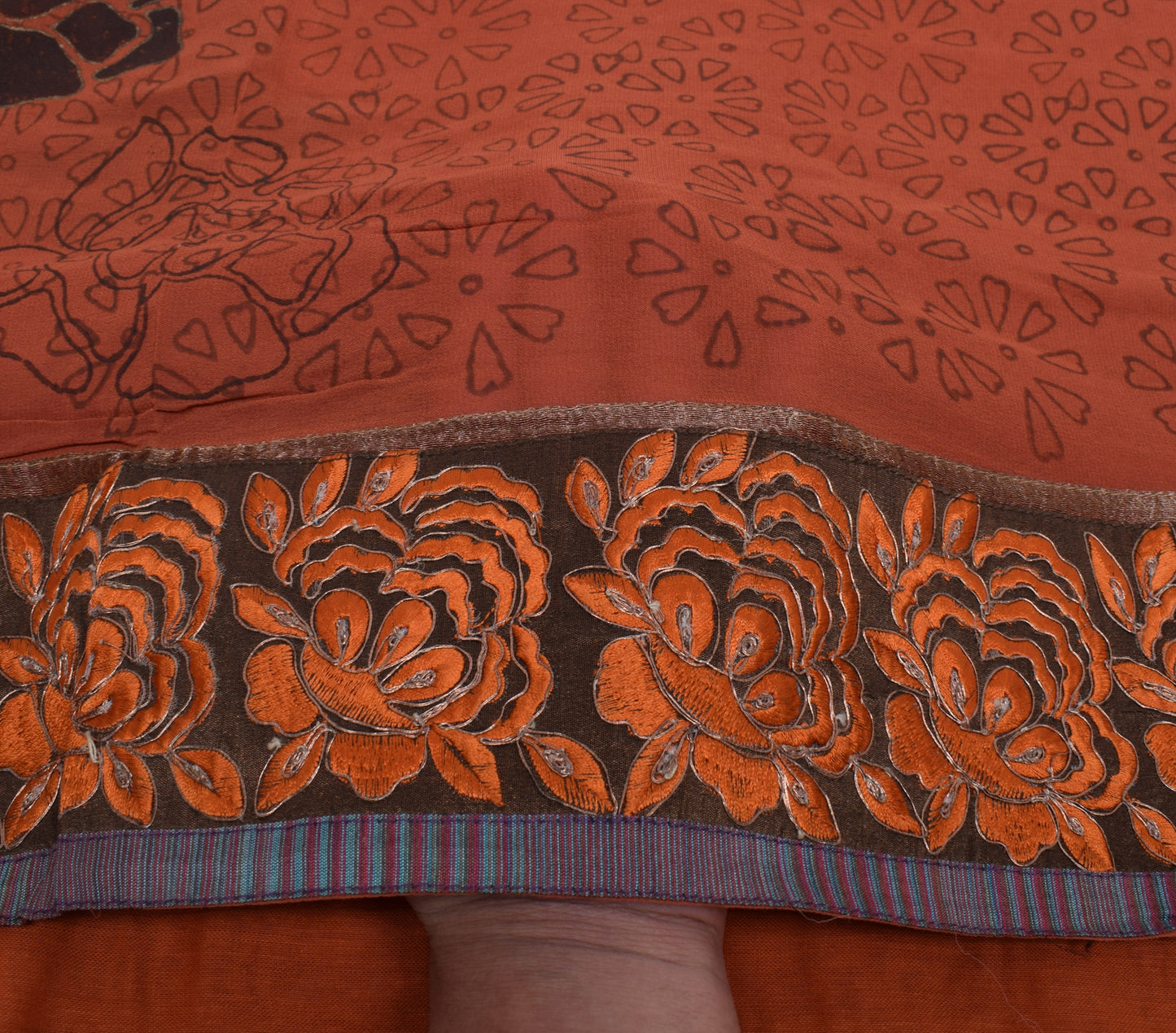 Sushila Vintage Rust Sari 100% Pure Georgette Silk Printed Embroidered Fabric