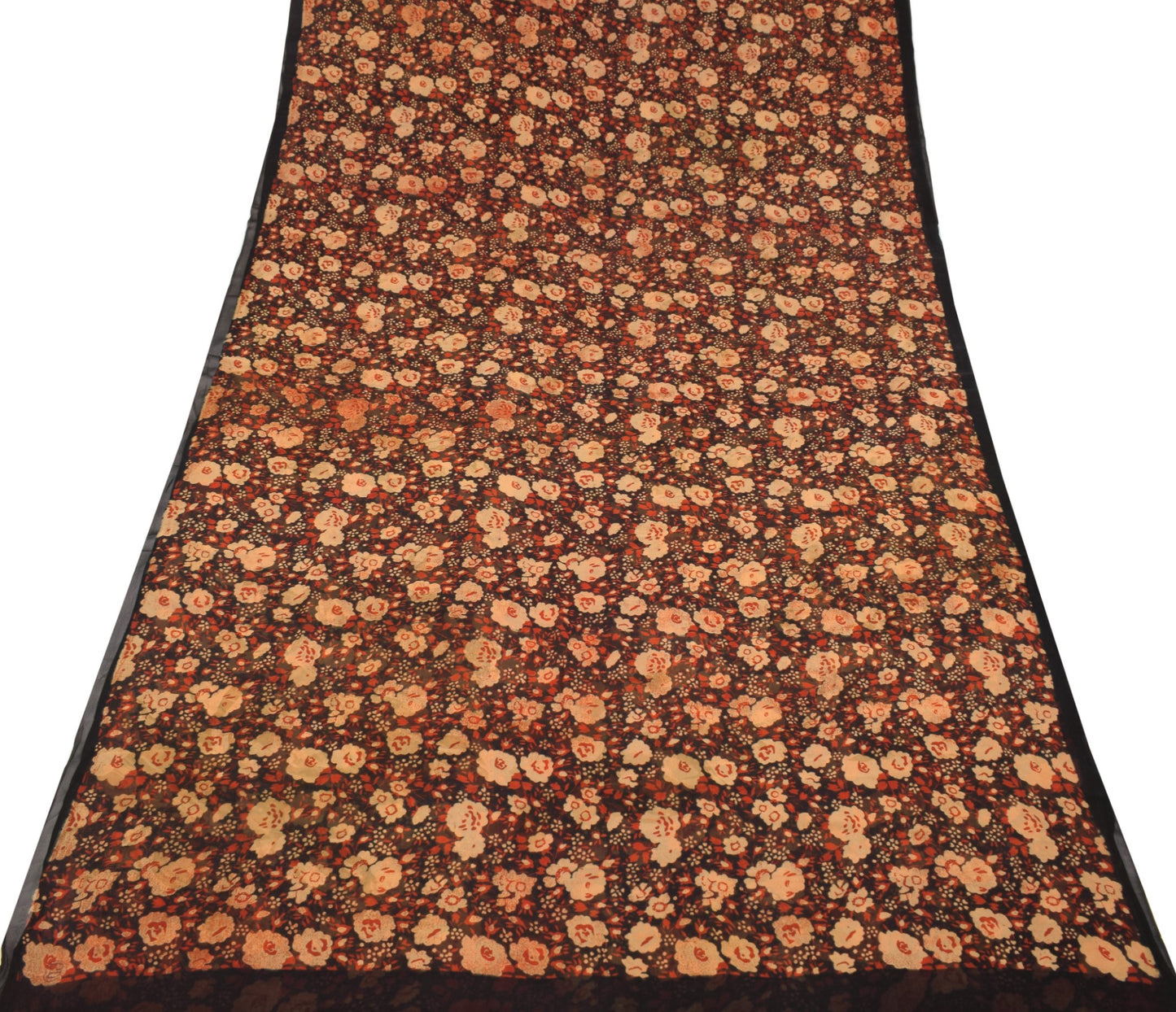 Sushila Vintage Black Saree Pure Georgette Silk Printed Craft Floral Sari Fabric