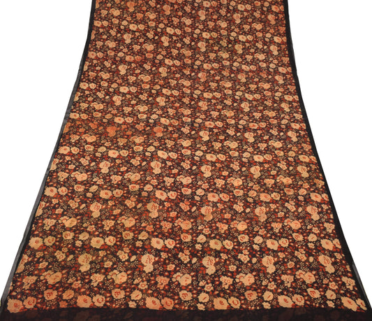Sushila Vintage Black Saree Pure Georgette Silk Printed Craft Floral Sari Fabric
