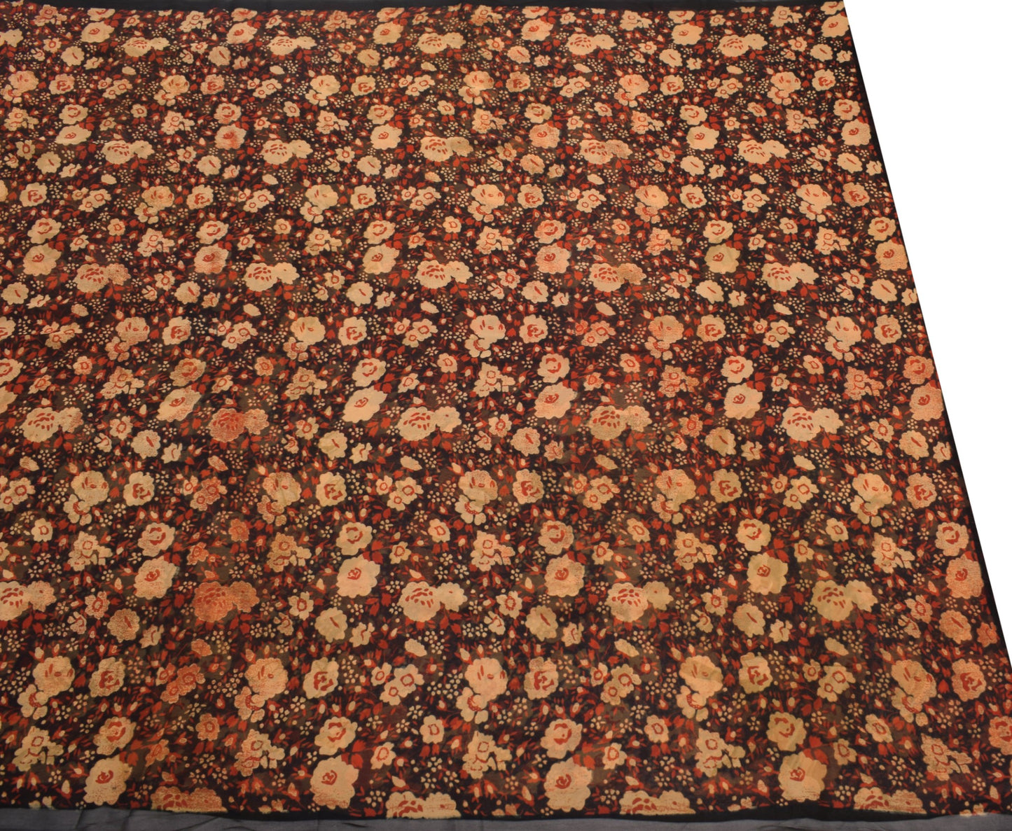 Sushila Vintage Black Saree Pure Georgette Silk Printed Craft Floral Sari Fabric