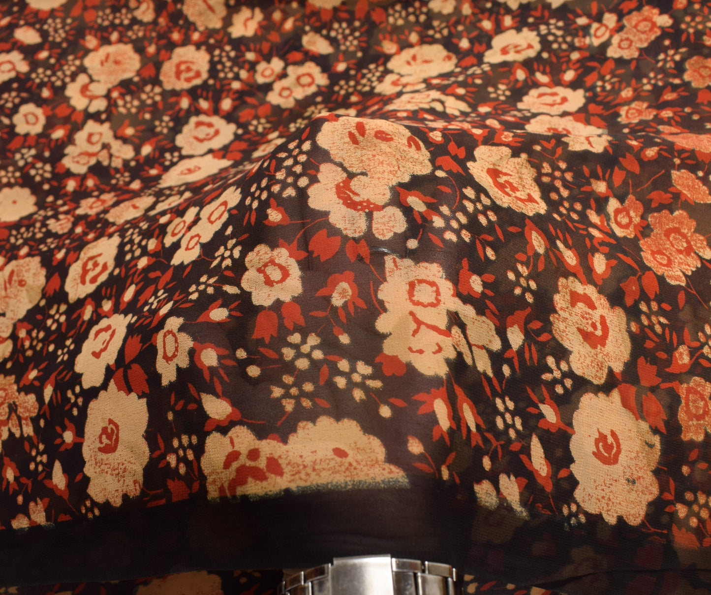 Sushila Vintage Black Saree Pure Georgette Silk Printed Craft Floral Sari Fabric