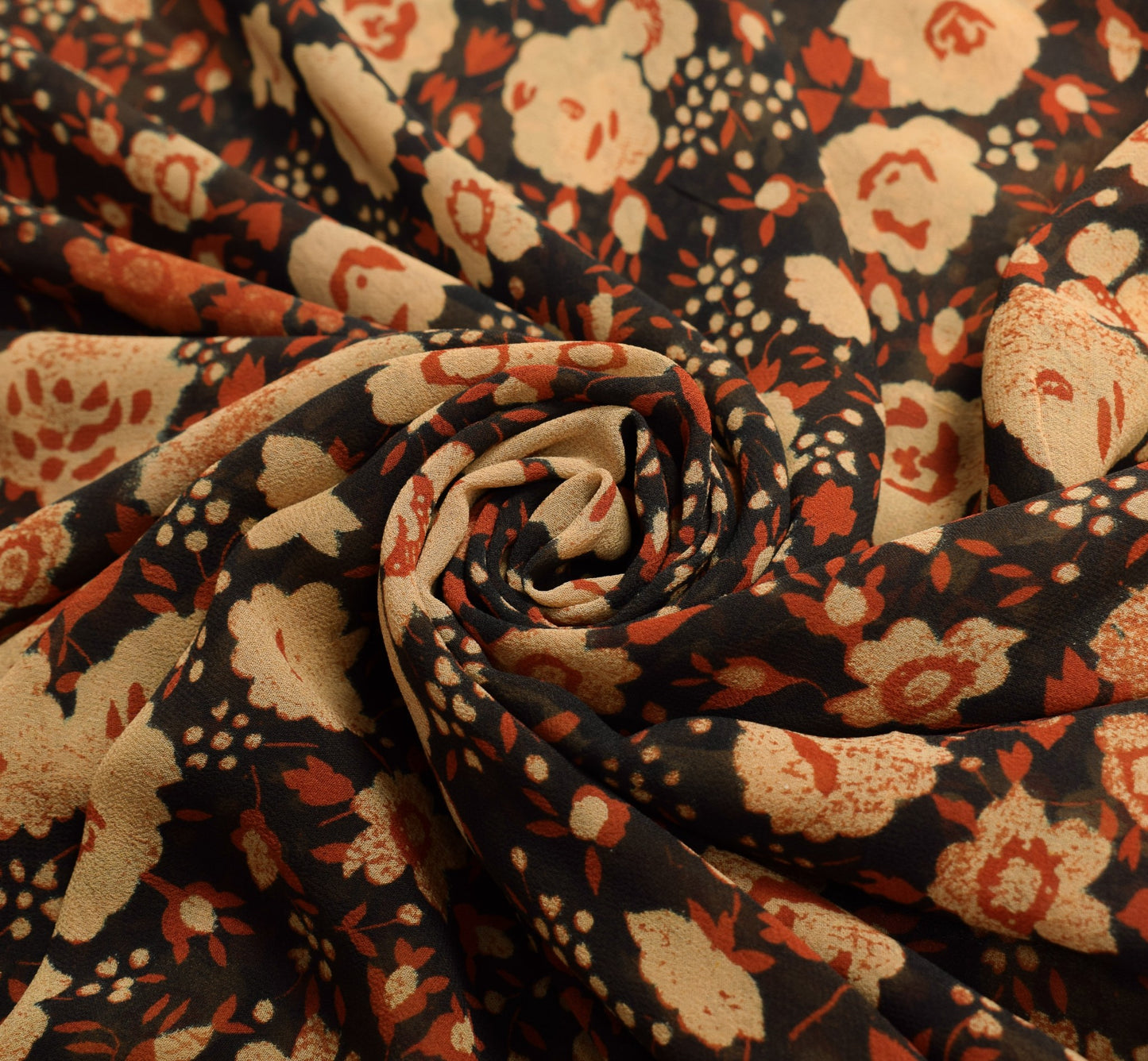 Sushila Vintage Black Saree Pure Georgette Silk Printed Craft Floral Sari Fabric