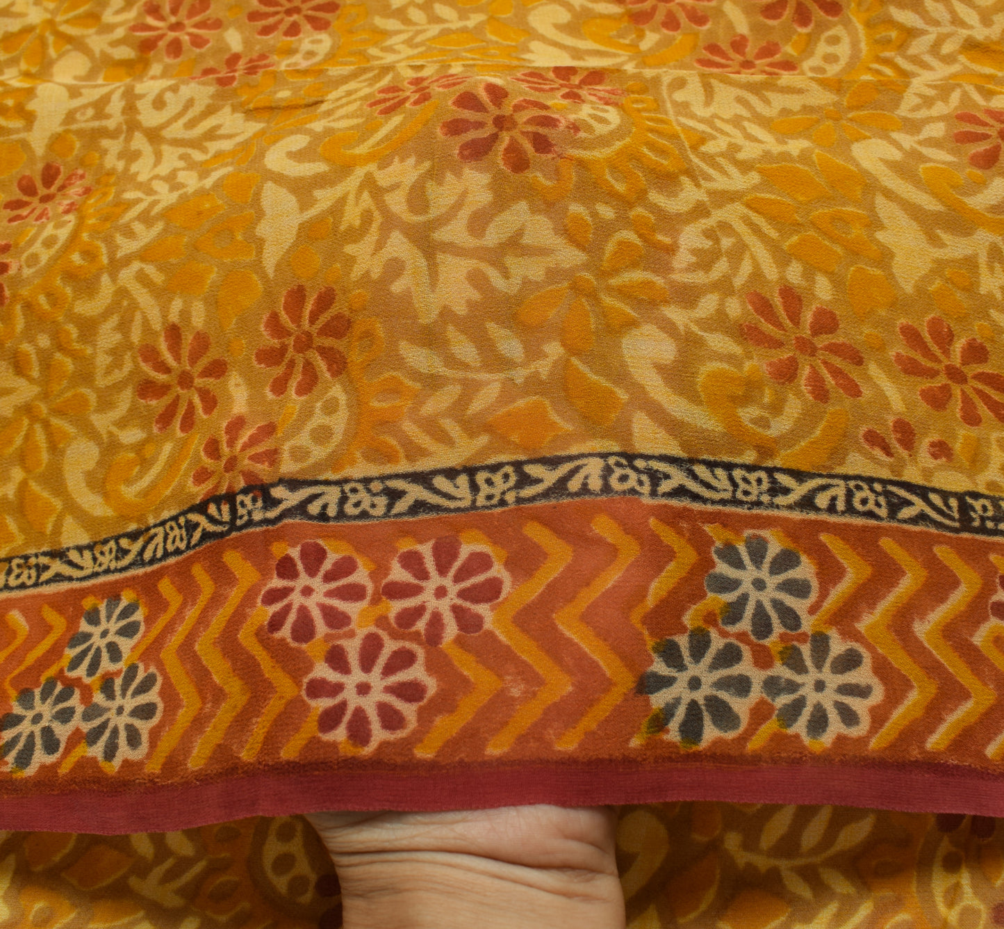 Sushila Vintage Mustard Saree Pure Georgette Silk Printed Floral Craft Fabric
