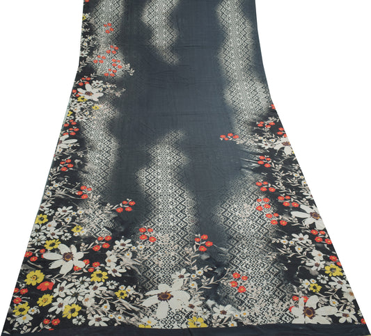 Sushila Vintage Gray Branded Saree 100%Pure Georgette Silk Printed Floral Fabric