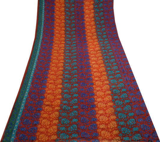 Sushila Vintage Red Saree 100% Pure Georgette Silk Printed Floral Craft Fabric