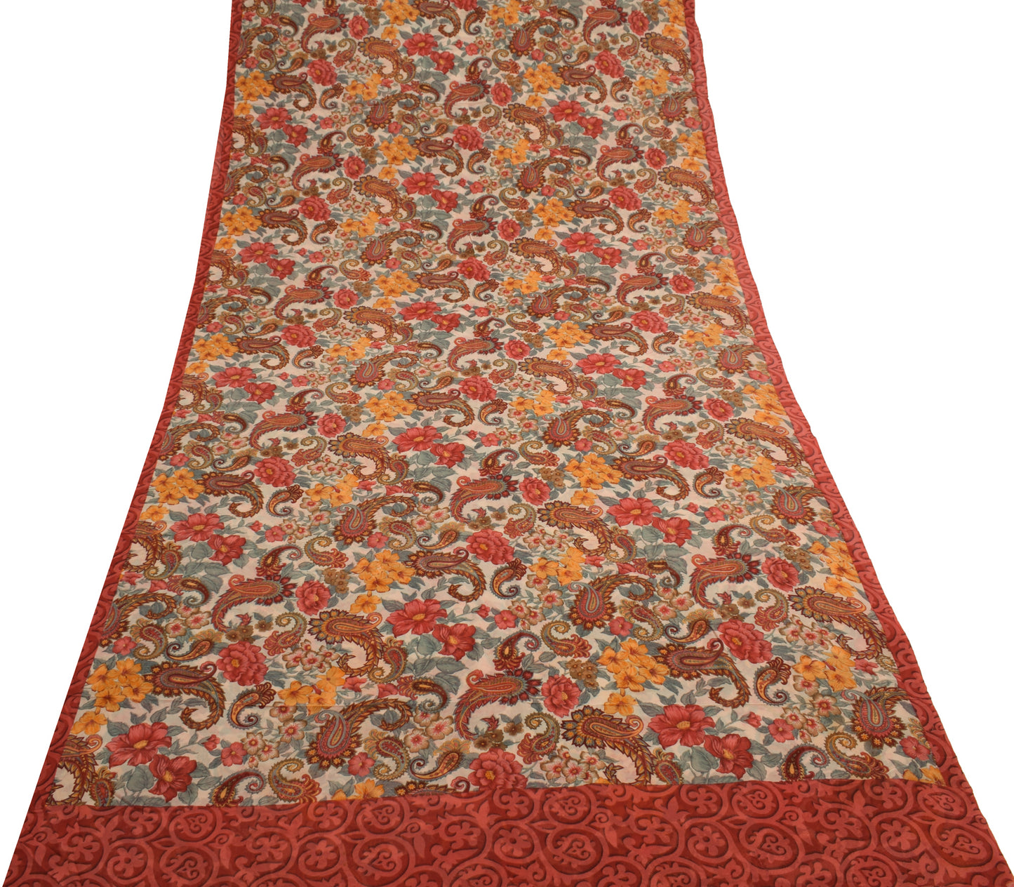 Sushila Vintage Cream Saree 100% Pure Georgette Silk Printed Floral Craft Fabric