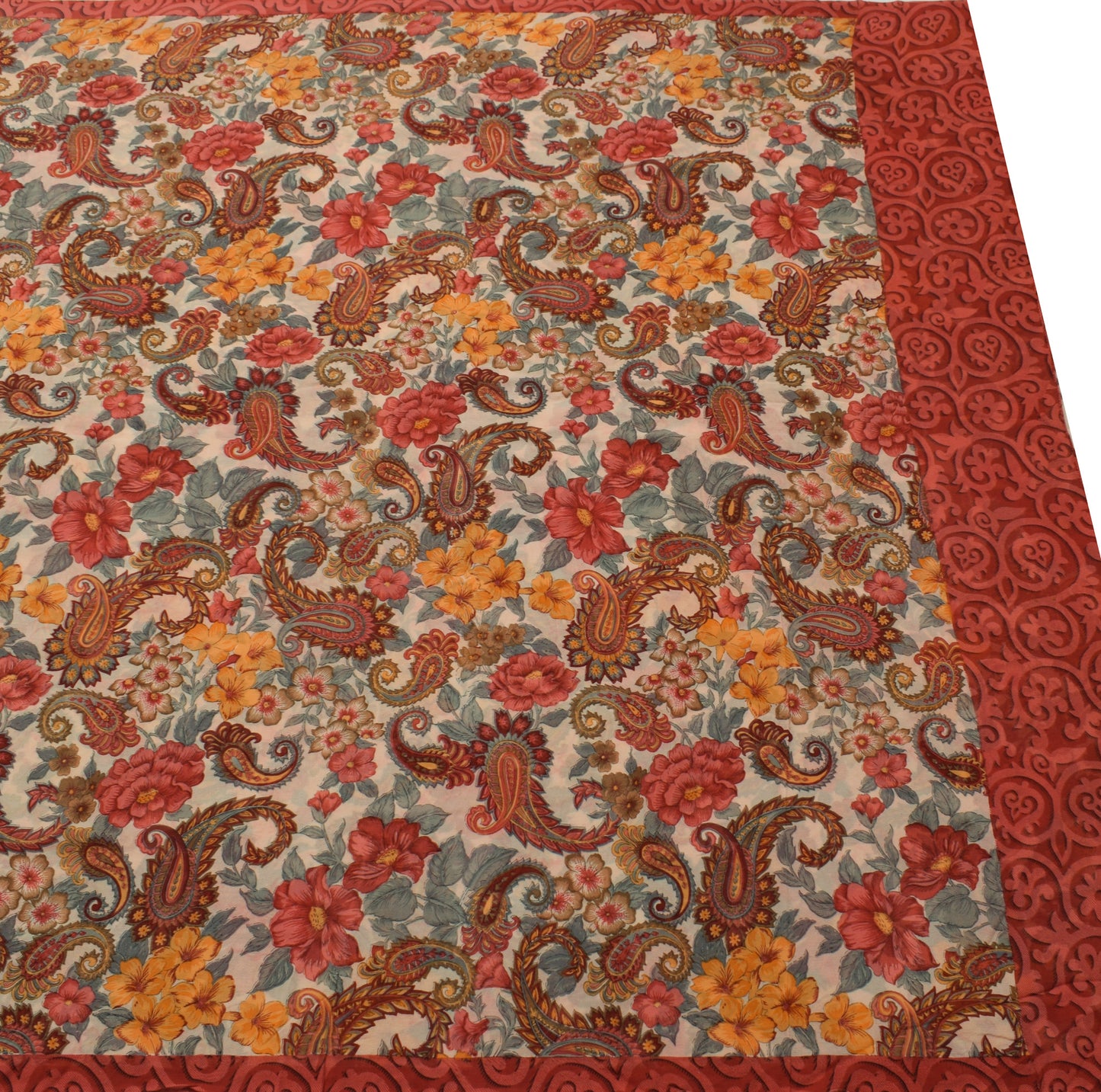 Sushila Vintage Cream Saree 100% Pure Georgette Silk Printed Floral Craft Fabric