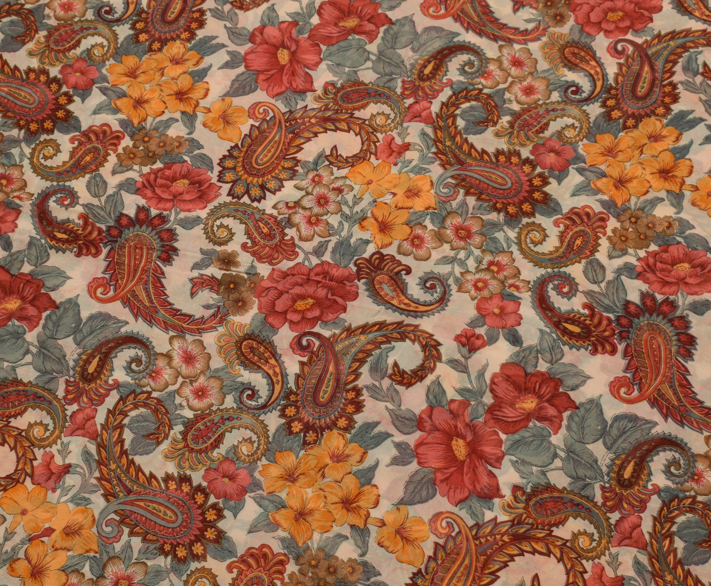 Sushila Vintage Cream Saree 100% Pure Georgette Silk Printed Floral Craft Fabric