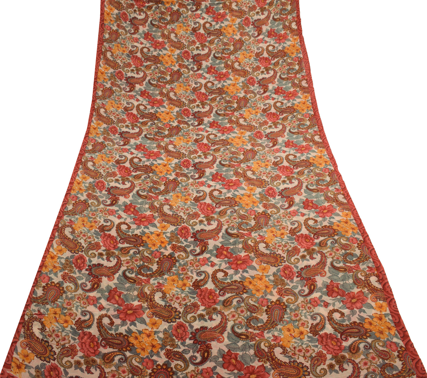 Sushila Vintage Cream Saree 100% Pure Georgette Silk Printed Floral Craft Fabric