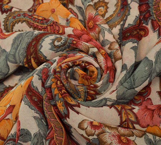 Sushila Vintage Cream Saree 100% Pure Georgette Silk Printed Floral Craft Fabric