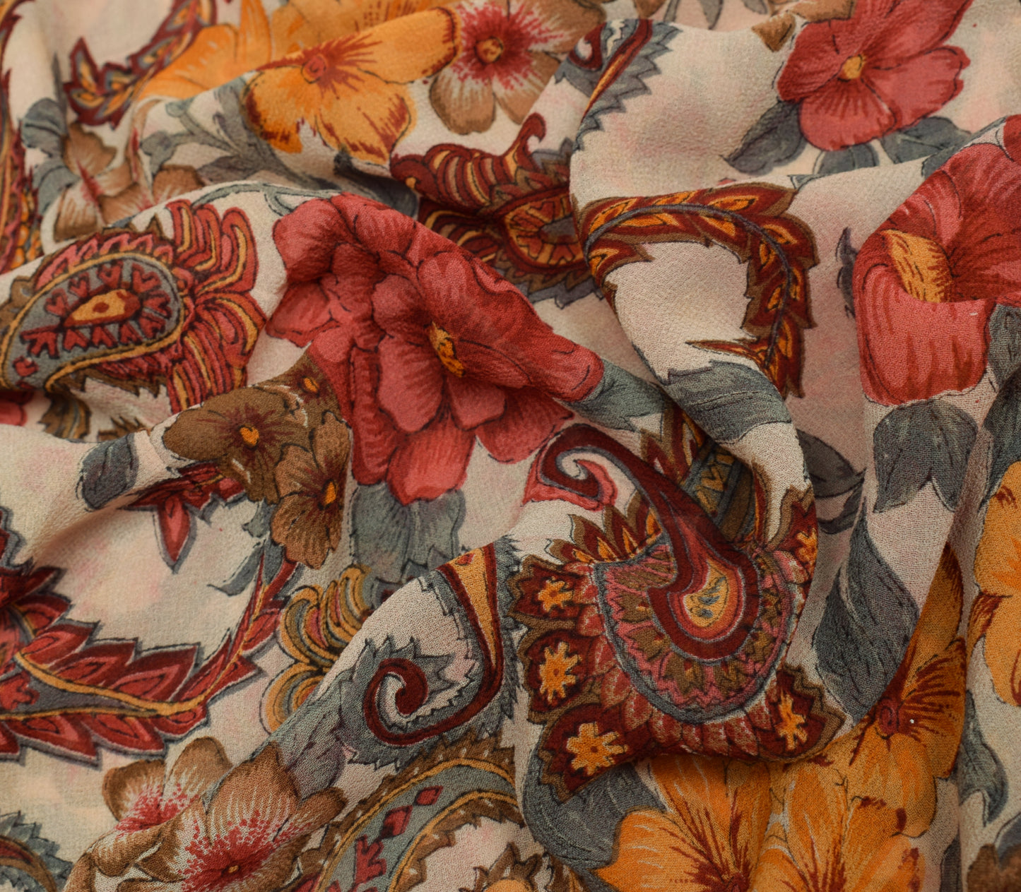 Sushila Vintage Cream Saree 100% Pure Georgette Silk Printed Floral Craft Fabric