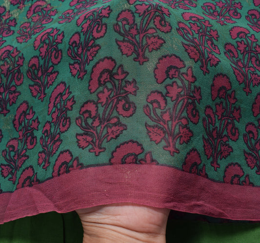Sushila Vintage Green Saree 100% Pure Georgette Silk Printed Floral Craft Fabric