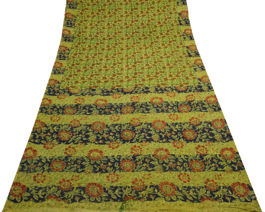 Sushila Vintage Green Saree 100% Pure Georgette Silk Printed Floral Craft Fabric