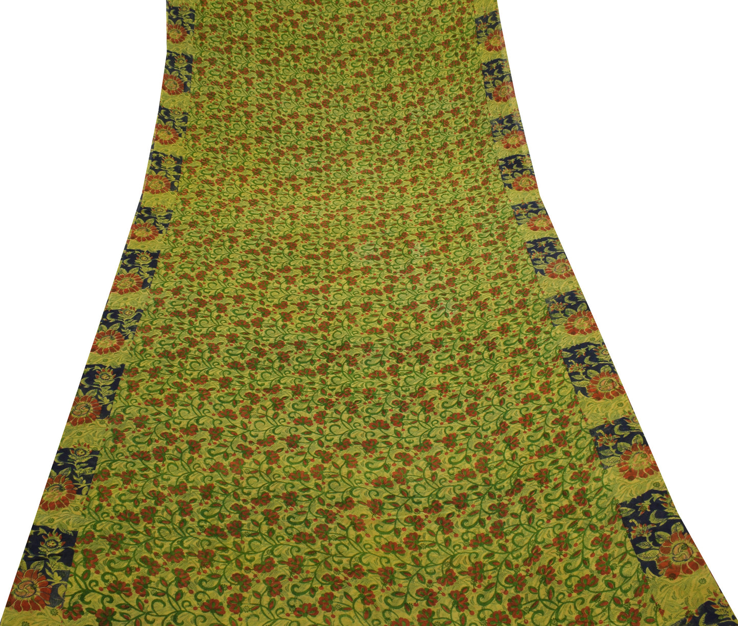 Sushila Vintage Green Saree 100% Pure Georgette Silk Printed Floral Craft Fabric