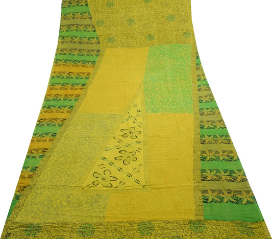 Sushila Vintage Green Indian Saree 100% Pure Georgette Silk Printed Craft Fabric