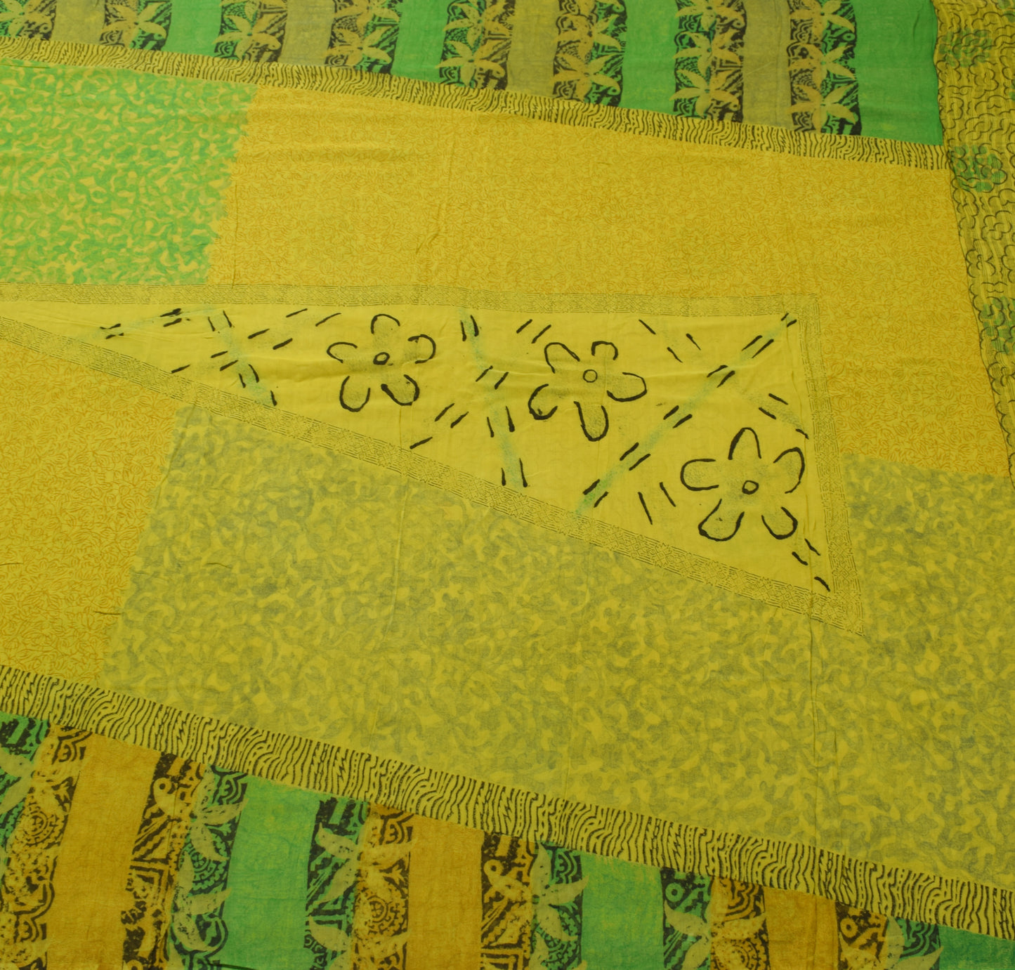 Sushila Vintage Green Indian Saree 100% Pure Georgette Silk Printed Craft Fabric