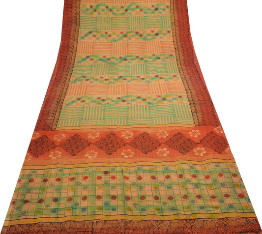 Sushila Vintage Peach Indian Saree 100% Pure Georgette Silk Printed Craft Fabric