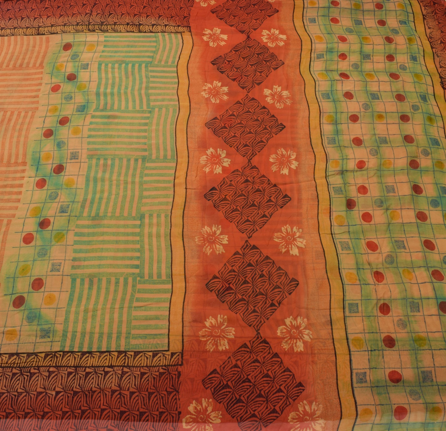 Sushila Vintage Peach Indian Saree 100% Pure Georgette Silk Printed Craft Fabric