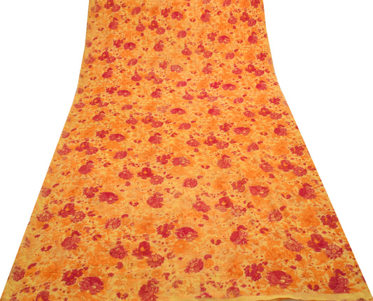 Sushila Vintage Yellow Saree 100%Pure Georgette Silk Printed Floral Craft Fabric